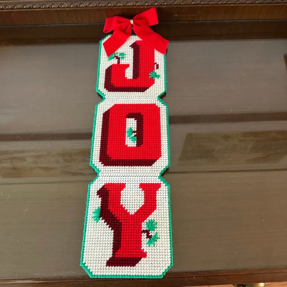 Vintage‎ Handmade Needlepoint JOY Christmas Wall Hanging Plastic Canvas 19''